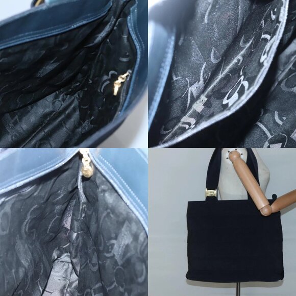 Salvatore Ferragamo Vala Tote Bag Canvas Leather Navy Gold Auth bs26595 - Picture 14 of 15